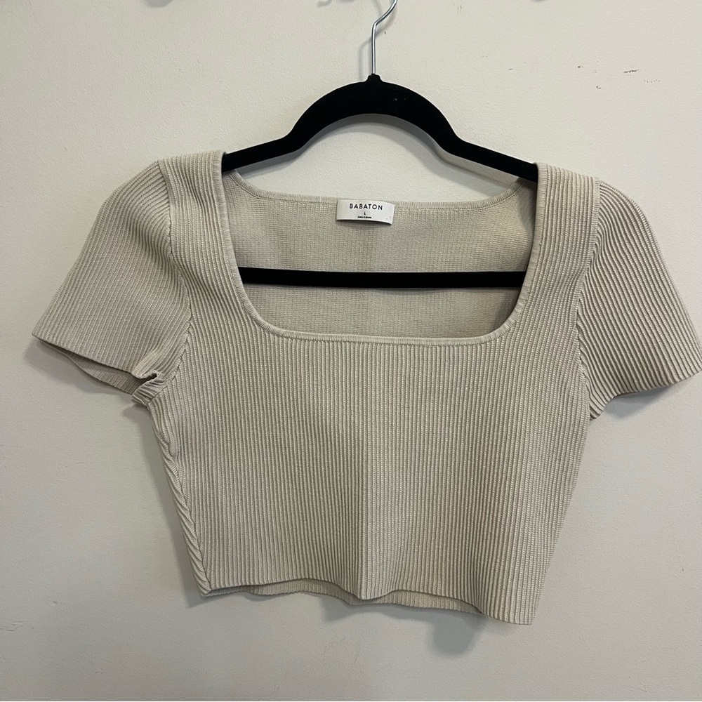 Babaton Beige Ribbed Crop Top